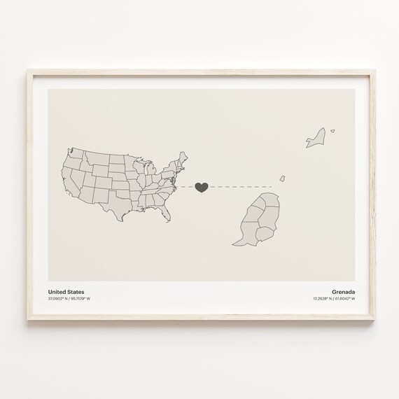 United States To Grenada Heart Connection Minimalist Beige Map Poster