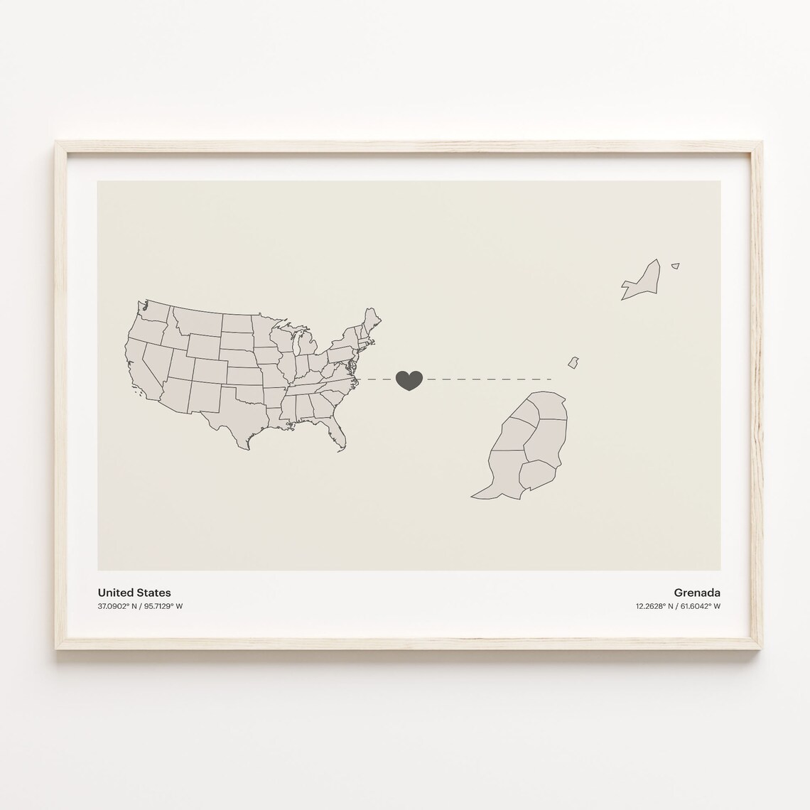 United States To Grenada Heart Connection Minimalist Beige Map Poster
