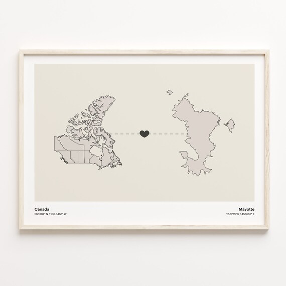 Canada To Mayotte Minimalist Love Connection Map Travel Poster