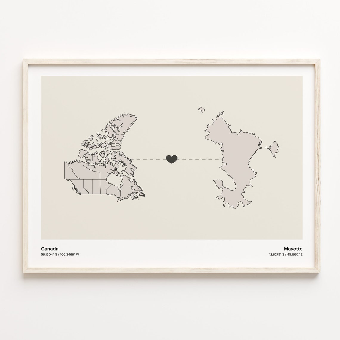 Canada To Mayotte Minimalist Love Connection Map Travel Poster