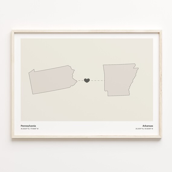 Pennsylvania to Arkansas Minimalist Heart Map Connection Poster