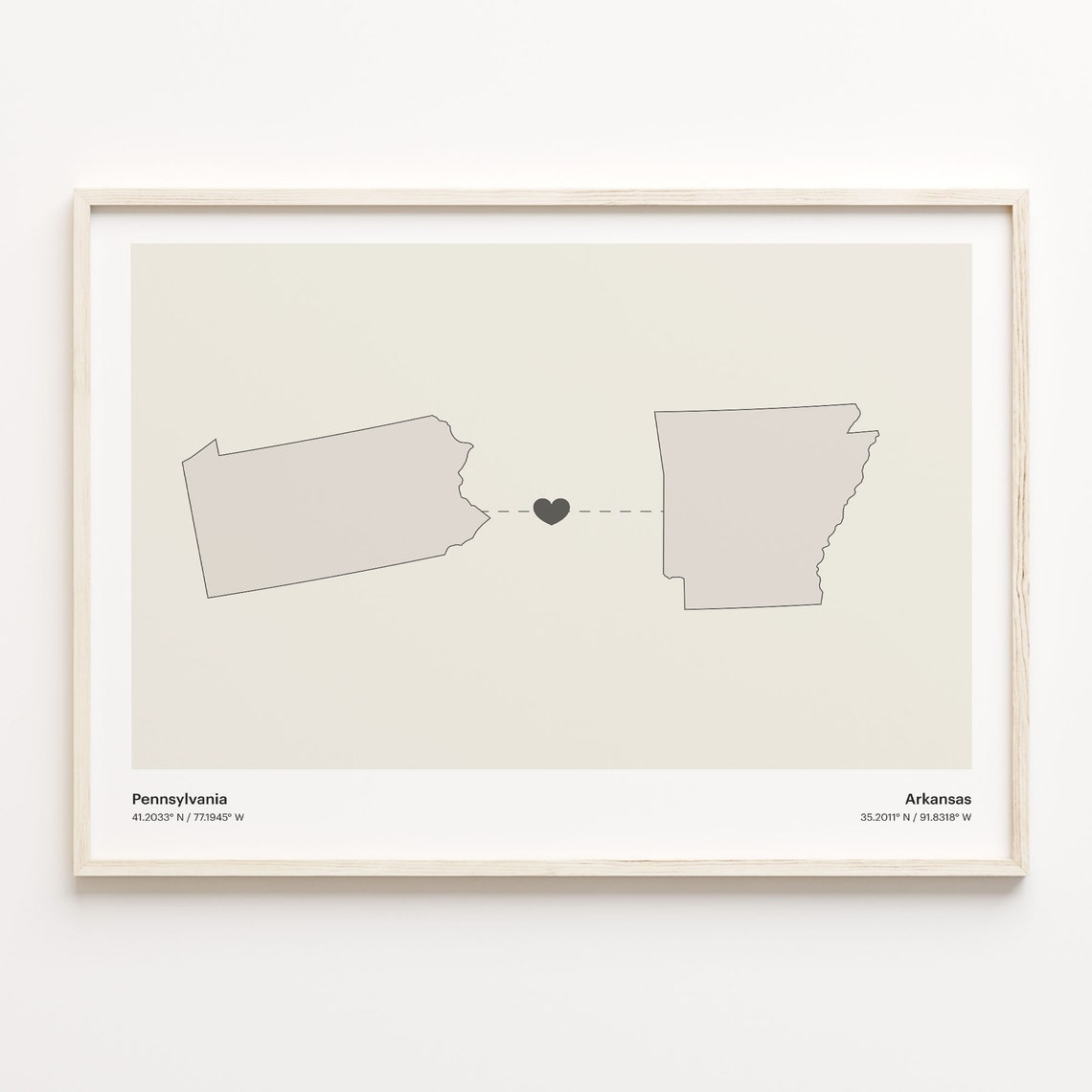 Pennsylvania to Arkansas Minimalist Heart Map Connection Poster