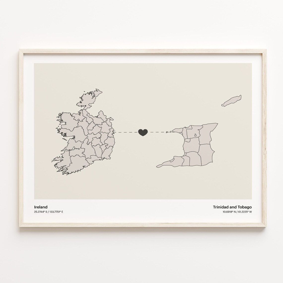 Ireland Trinidad and Tobago Minimalist Long Distance Love Heart Map Poster