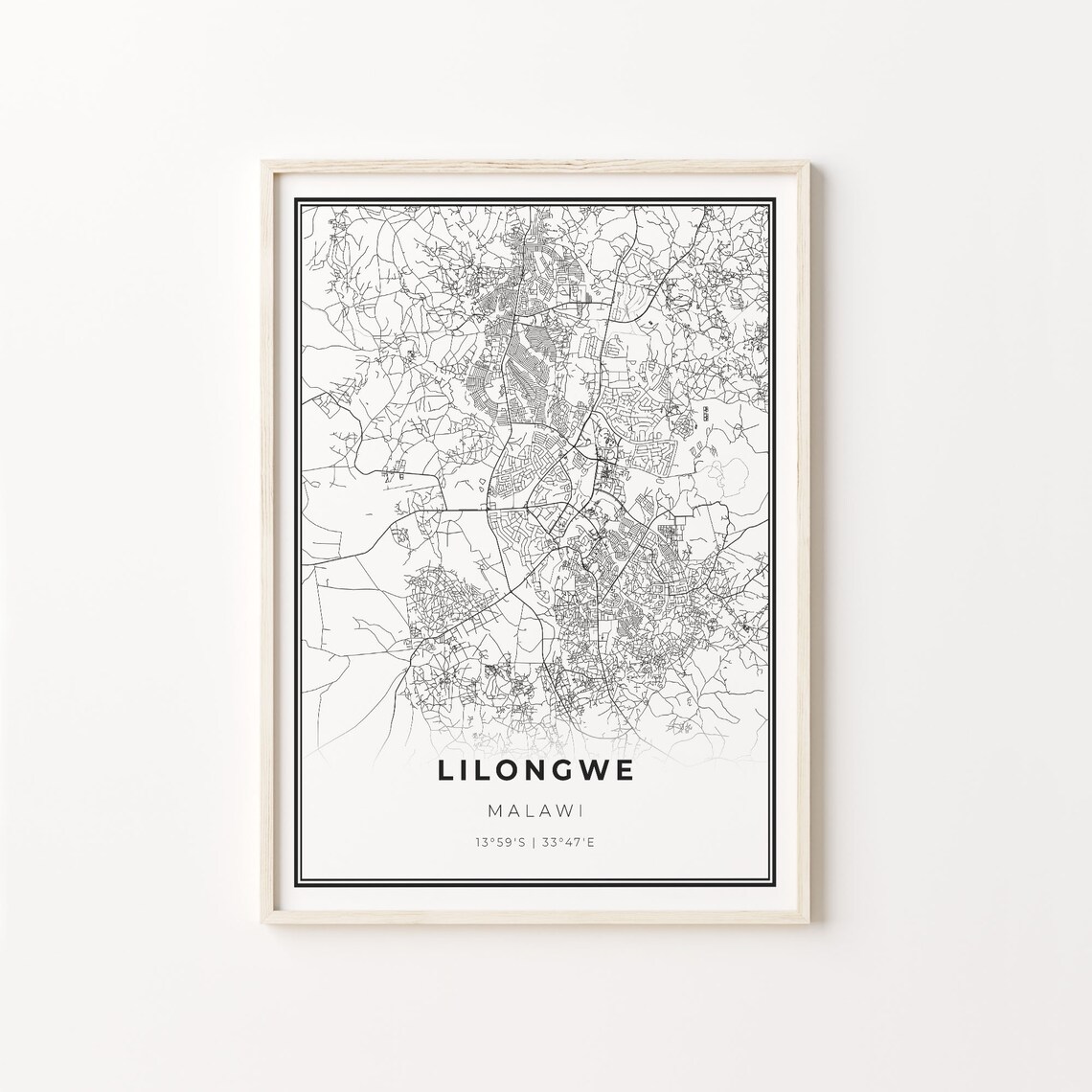 Lilongwe Malawi Minimalist Black White City Street Map Art Poster