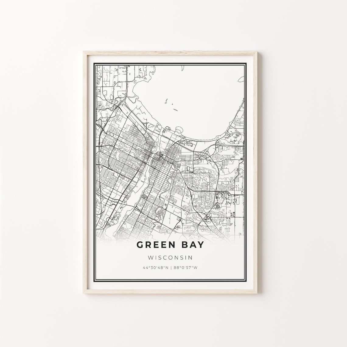 Green Bay Wisconsin Modern Minimalist Black White Street Map Poster