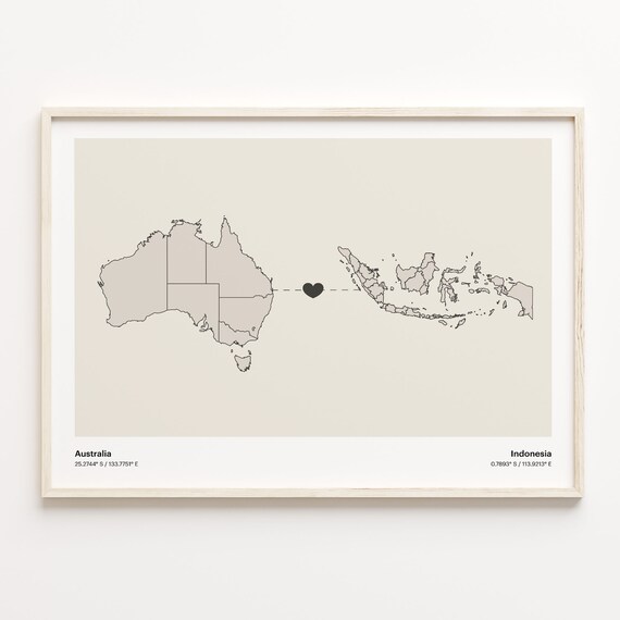 Australia To Indonesia Minimalist Map Heart Connection Gift Poster