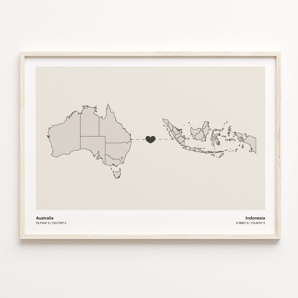 Australia To Indonesia Minimalist Map Heart Connection Gift Poster