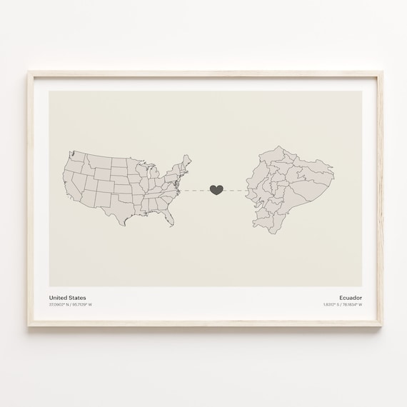 United States to Ecuador Heart Connection Map Long Distance Gift Poster