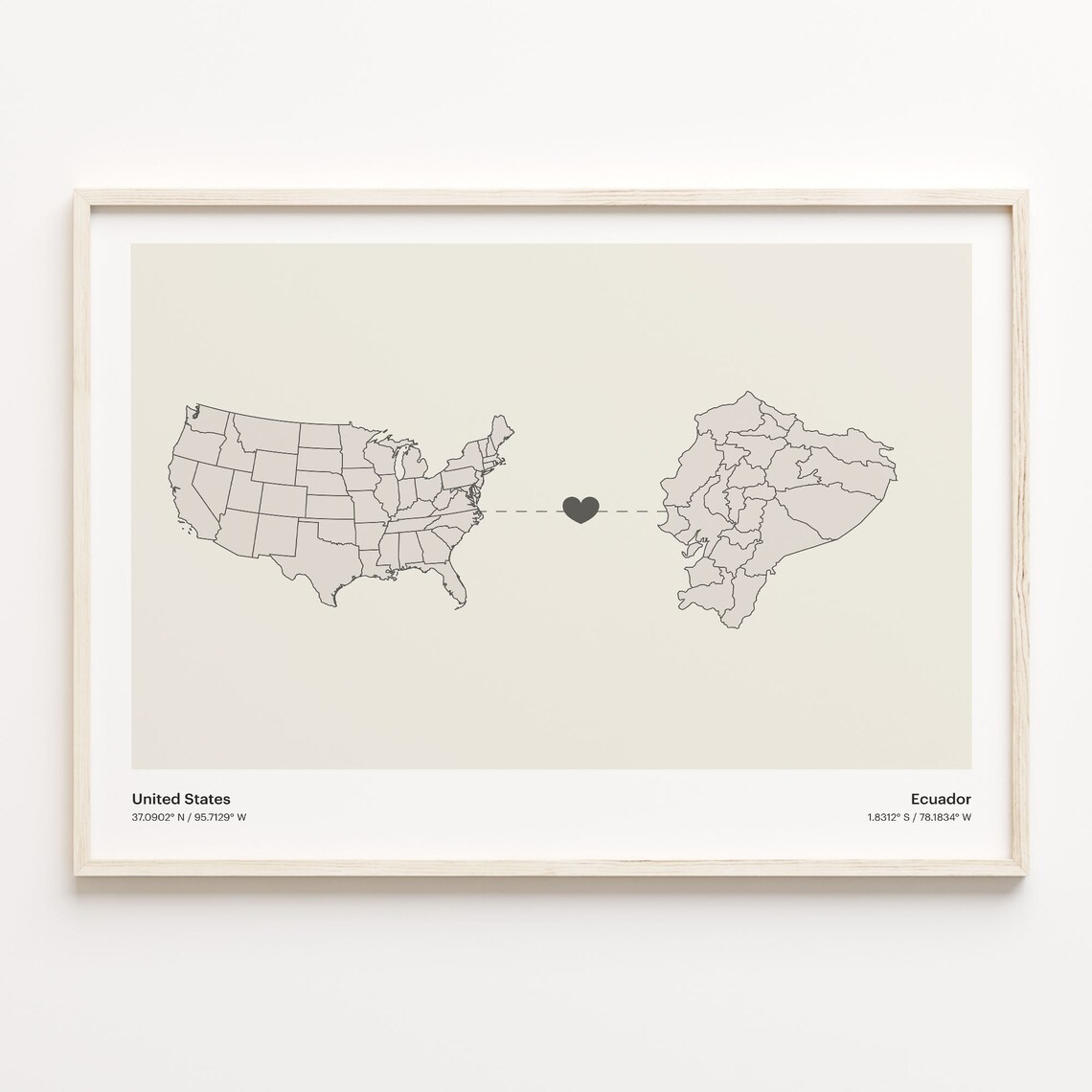 United States to Ecuador Heart Connection Map Long Distance Gift Poster