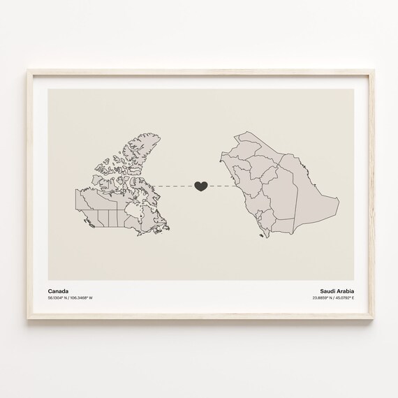Canada to Saudi Arabia Heart Connection Map Minimalist Poster