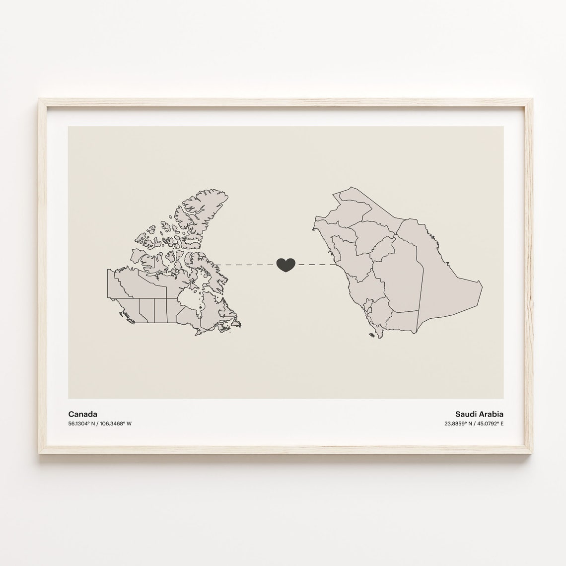 Canada to Saudi Arabia Heart Connection Map Minimalist Poster
