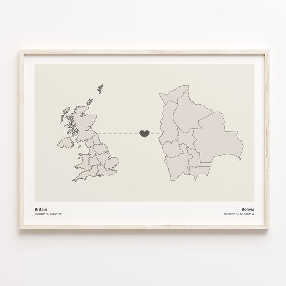 Britain to Bolivia Minimalist Long Distance Love Map Art Poster