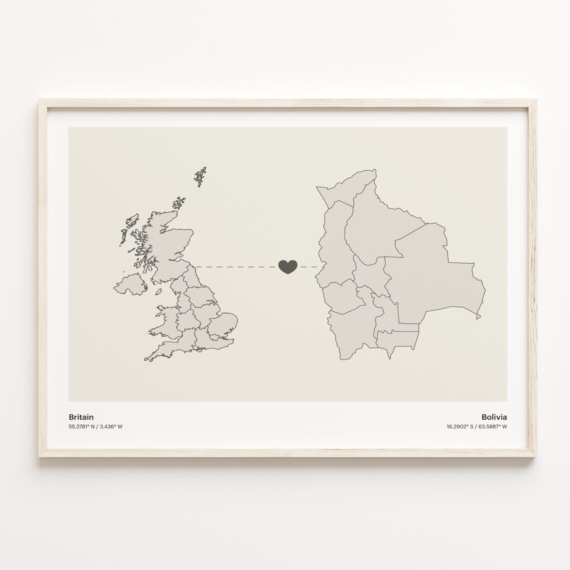 Britain to Bolivia Minimalist Long Distance Love Map Art Poster
