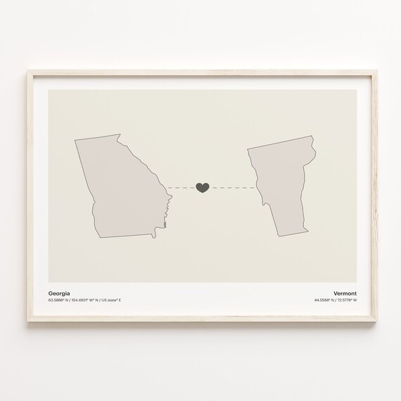 Georgia To Vermont Minimalist Heart Map Long Distance Love Poster