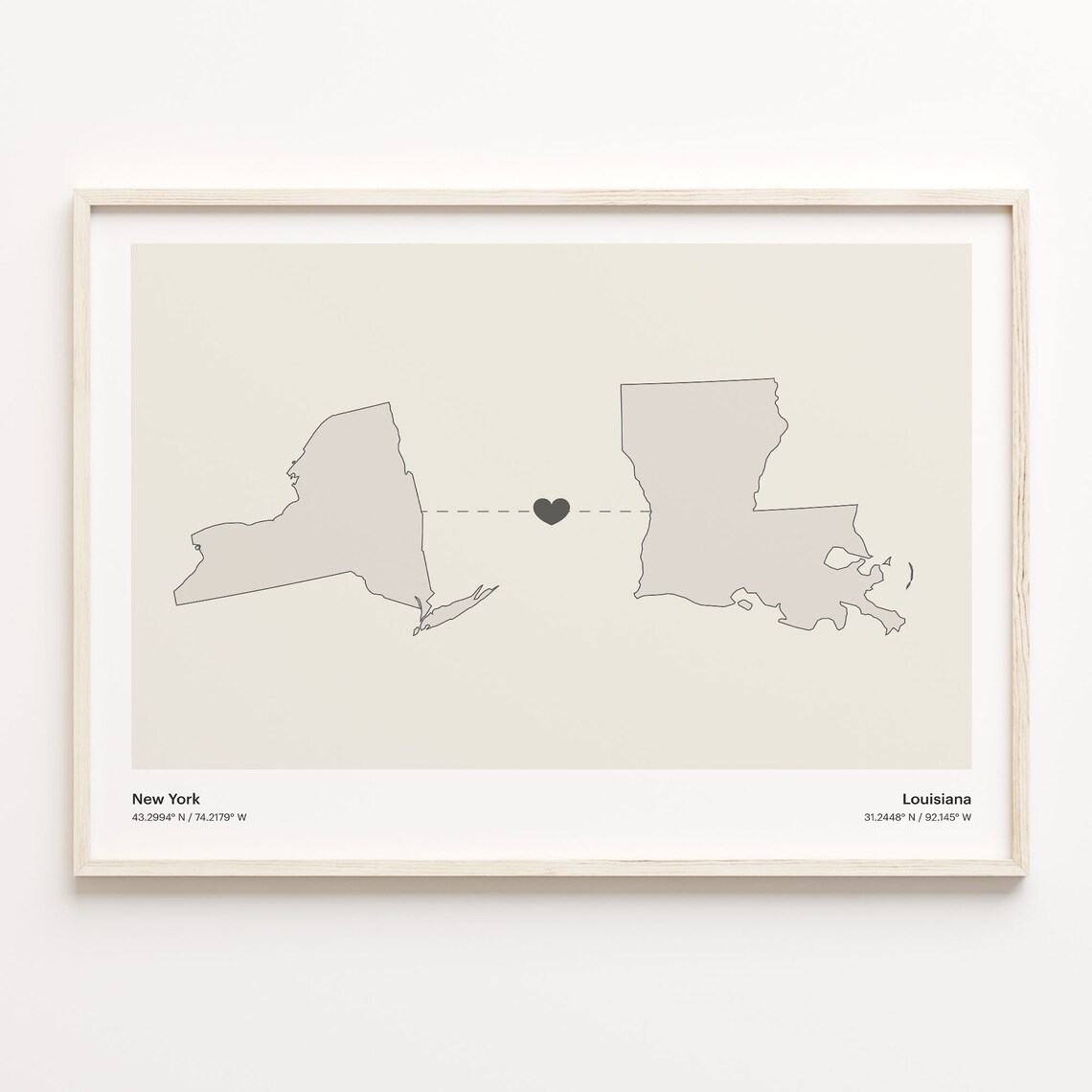 New York and Louisiana Couple Long Distance Love Heart Map Poster