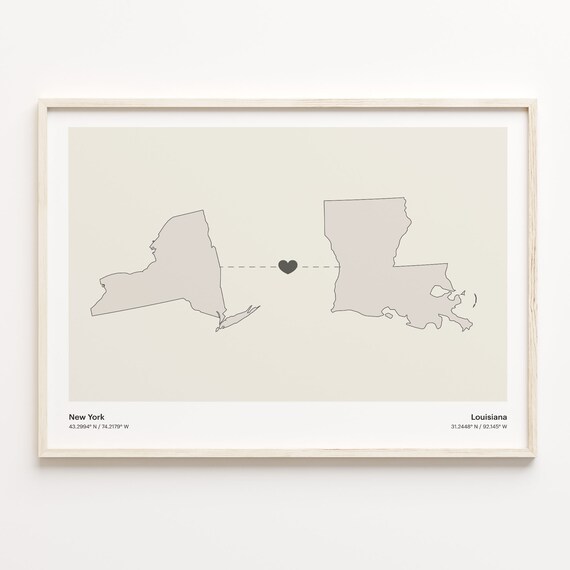 New York and Louisiana Couple Long Distance Love Heart Map Poster