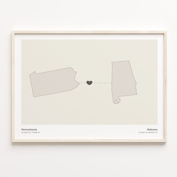 Pennsylvania to Alabama Heartfelt Long Distance Connection Map Poster