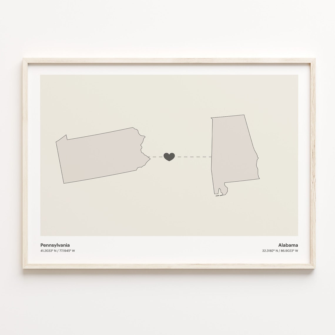 Pennsylvania to Alabama Heartfelt Long Distance Connection Map Poster
