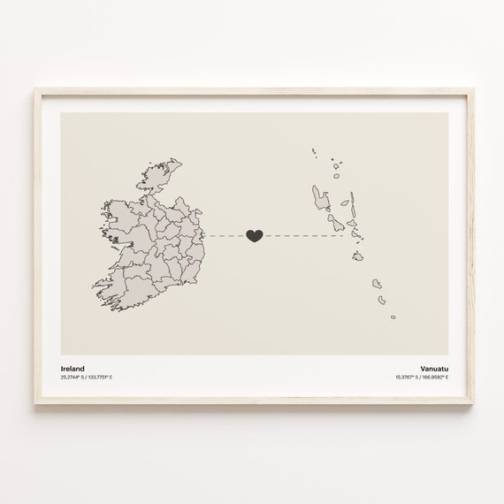Ireland To Vanuatu Print Nivanuatu Gift Minimalistic Country Connection Map Poster Travel Wall Art Adventure Awaits C211188