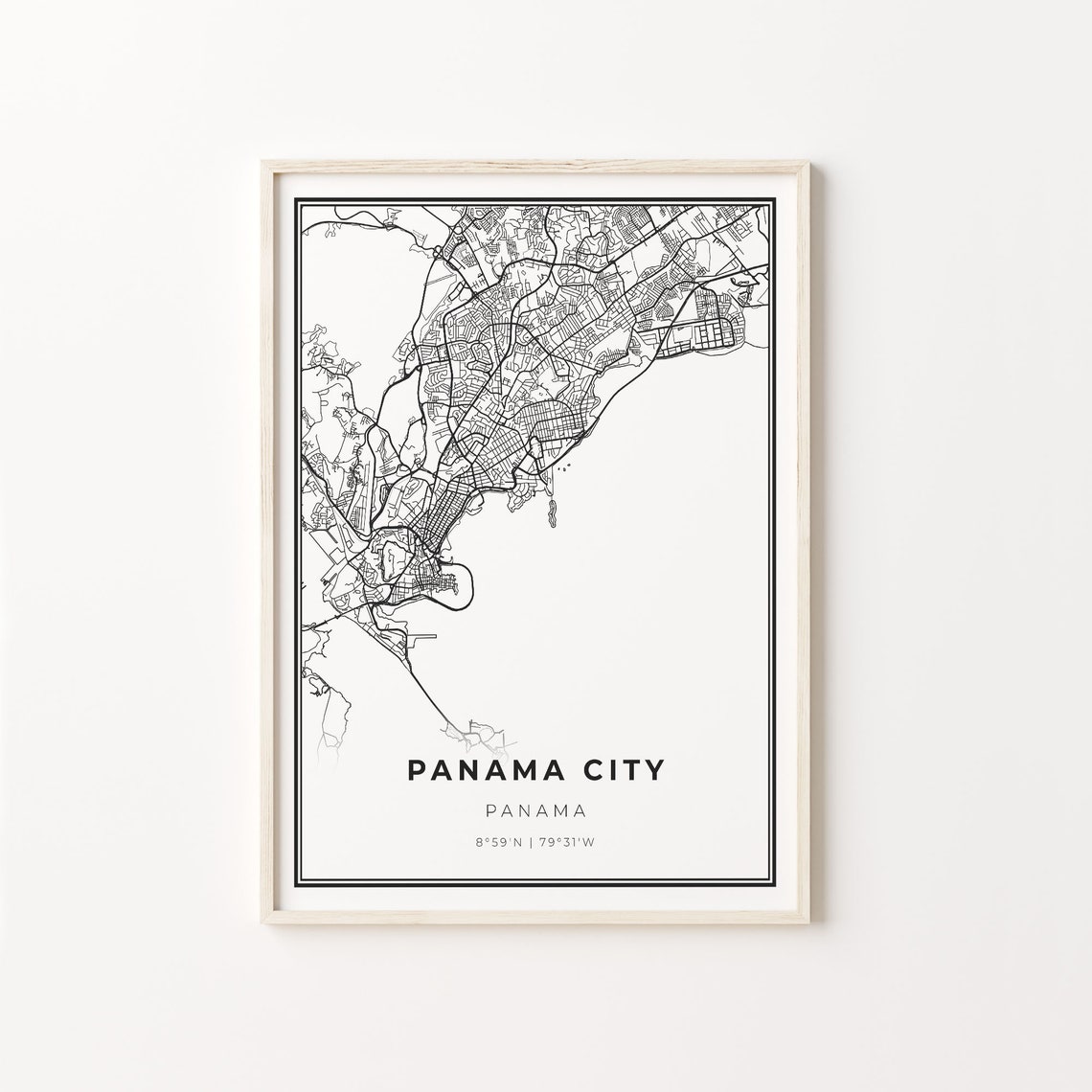 Panama City Panama Map Minimalist Black and White Line Art Poster