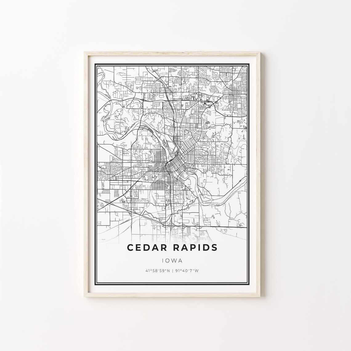 Cedar Rapids Iowa City Map Street Line Art Black White Minimalist Poster