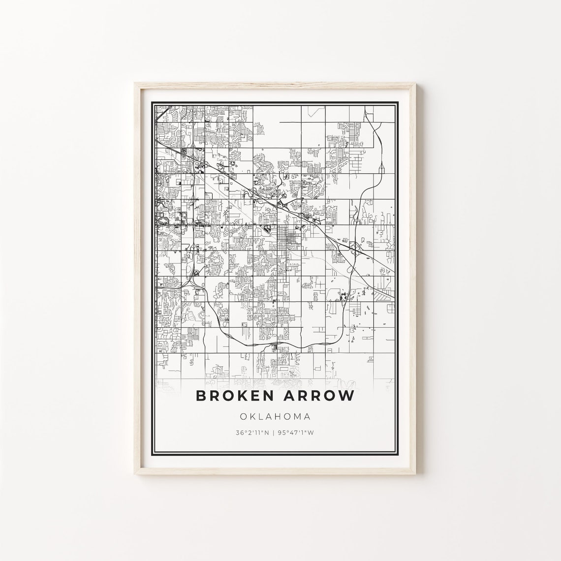 Broken Arrow Oklahoma Minimalist City Street Map Travel Decor Poster