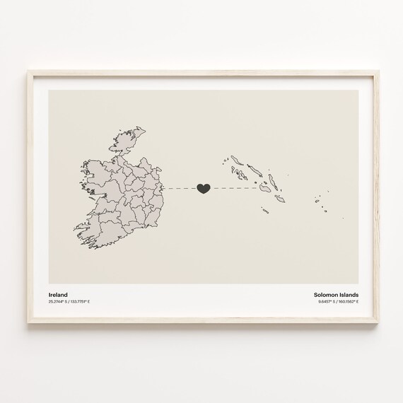 Ireland To Solomon Islands Minimalist Heart Map Long Distance Love Poster