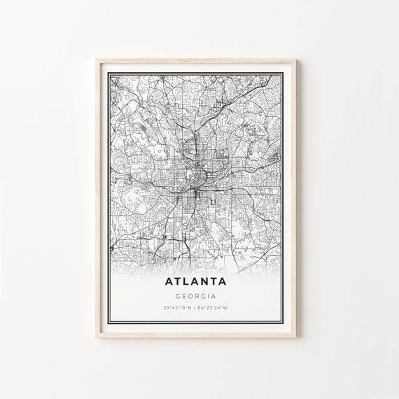 Atlanta City Map Art Poster, Modern Black and White