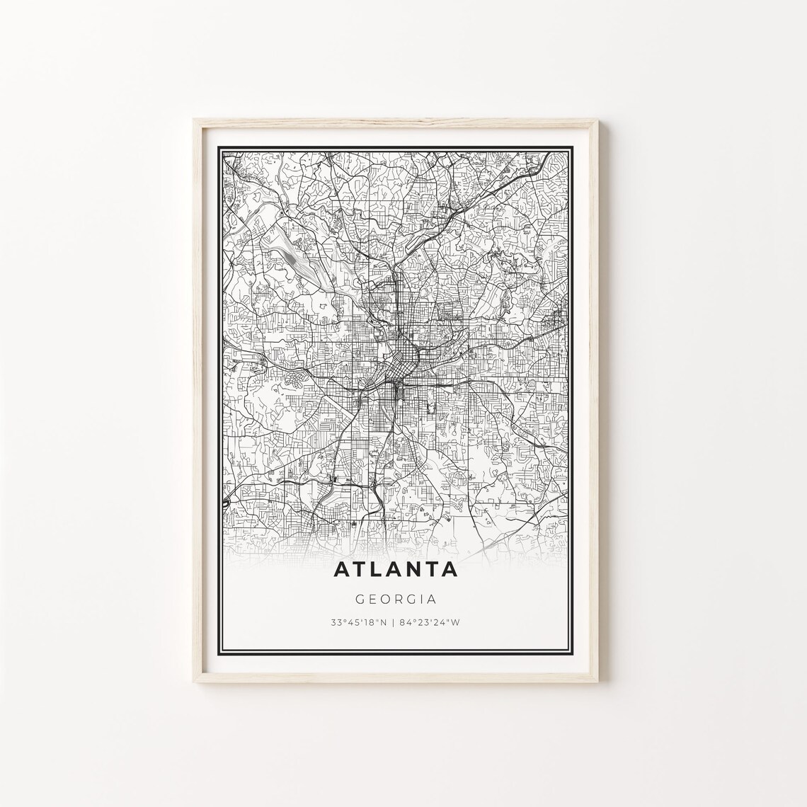 Atlanta City Map Art Poster, Modern Black and White