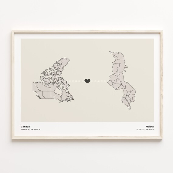 Canada To Malawi Minimalist Love Connection Map Travel Poster