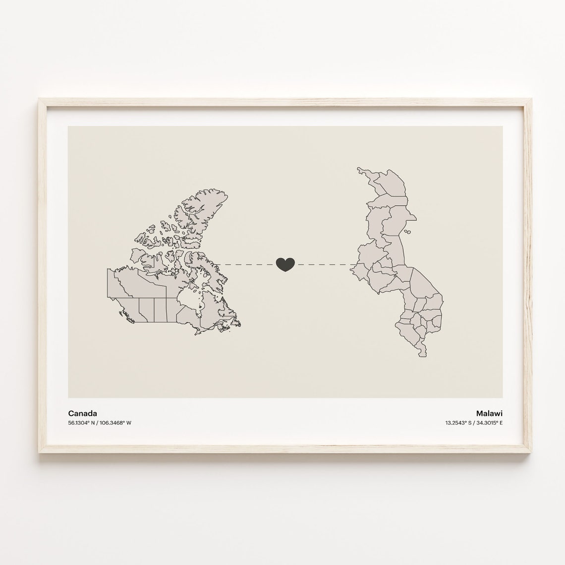Canada To Malawi Minimalist Love Connection Map Travel Poster