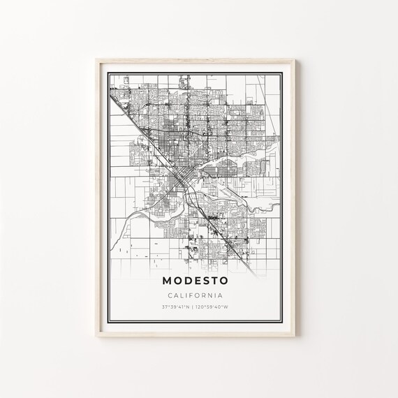 Modesto California City Map Minimalist Black and White Art Poster