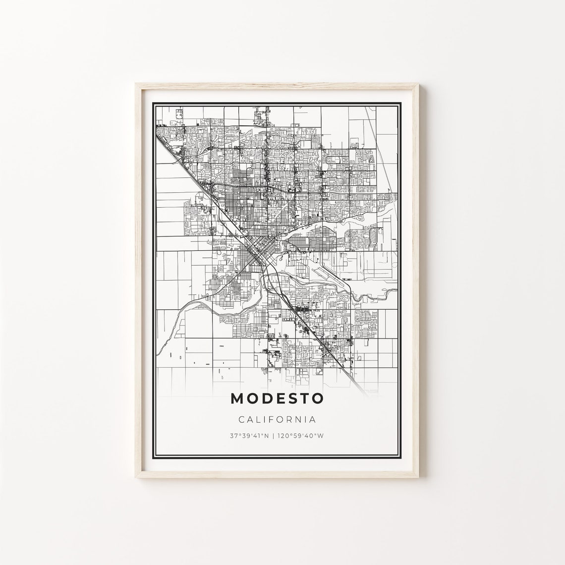 Modesto California City Map Minimalist Black and White Art Poster