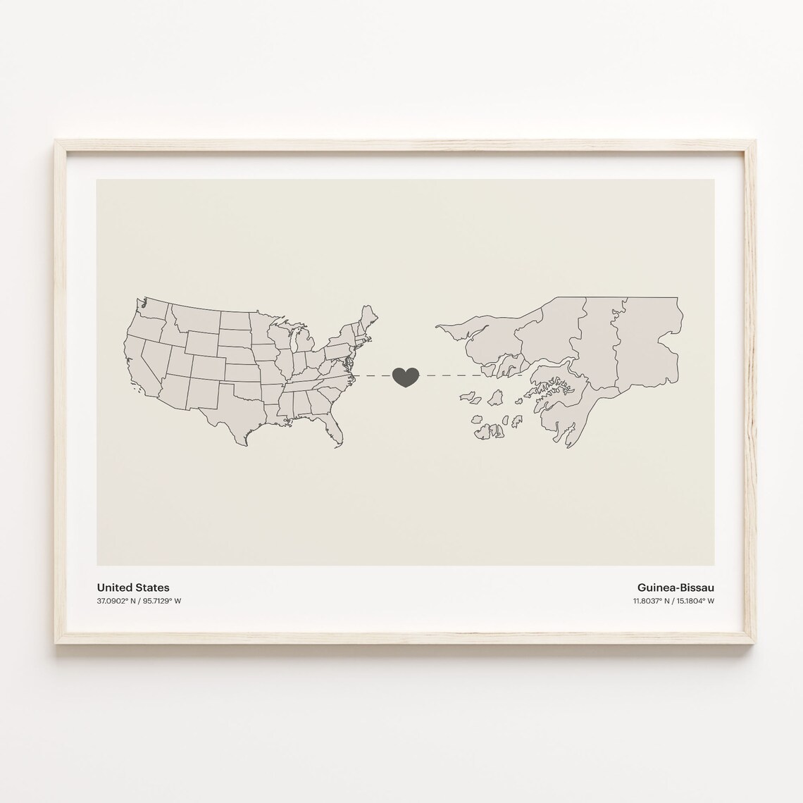 United States To Guinea-Bissau Minimalist Heart Map Connection Gift Poster