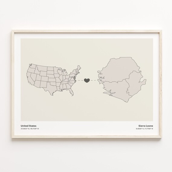 United States to Sierra Leone Heart Connection Long Distance Map Poster