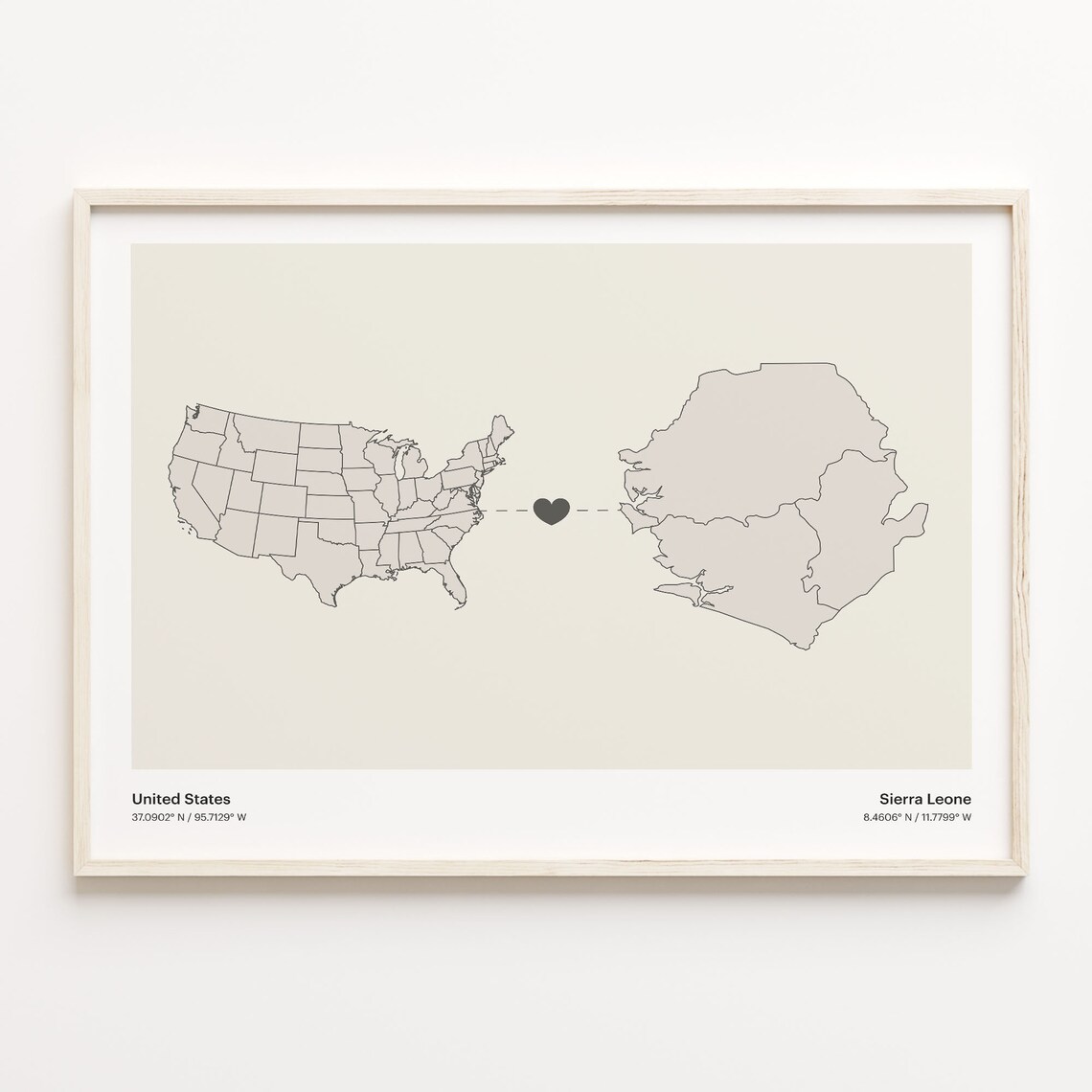 United States to Sierra Leone Heart Connection Long Distance Map Poster