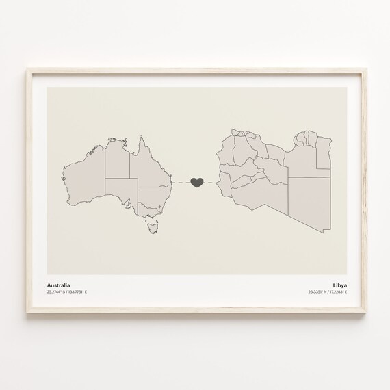 Australia and Libya Long Distance Love Country Connection Map Poster