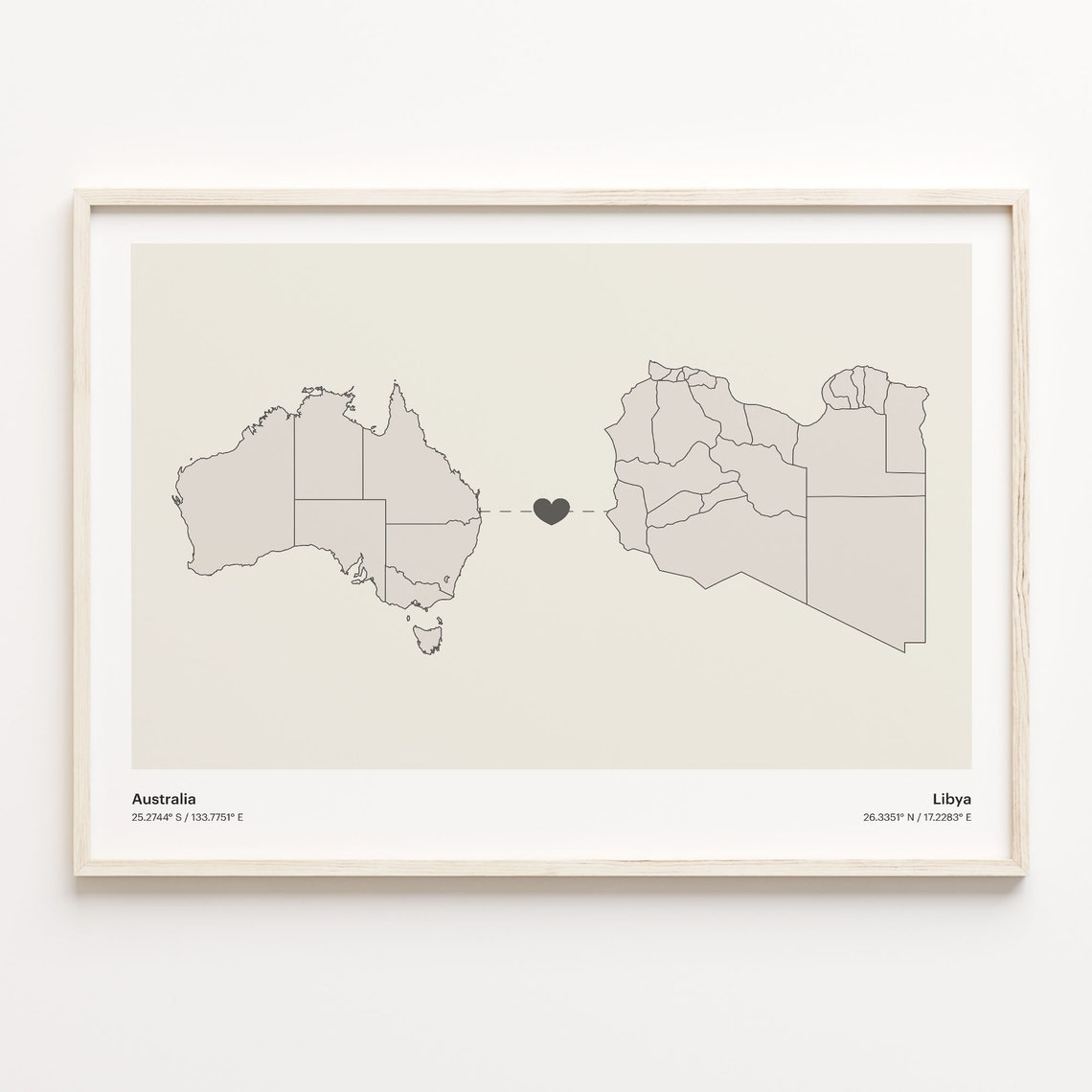 Australia and Libya Long Distance Love Country Connection Map Poster