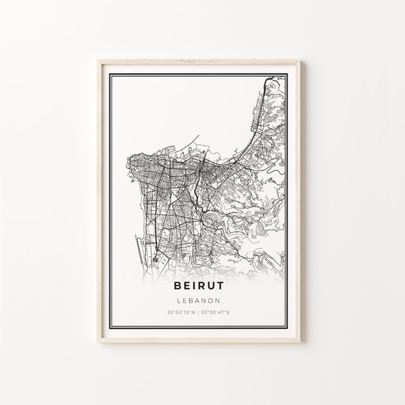 Beirut City Map Art Poster, Modern Black and White