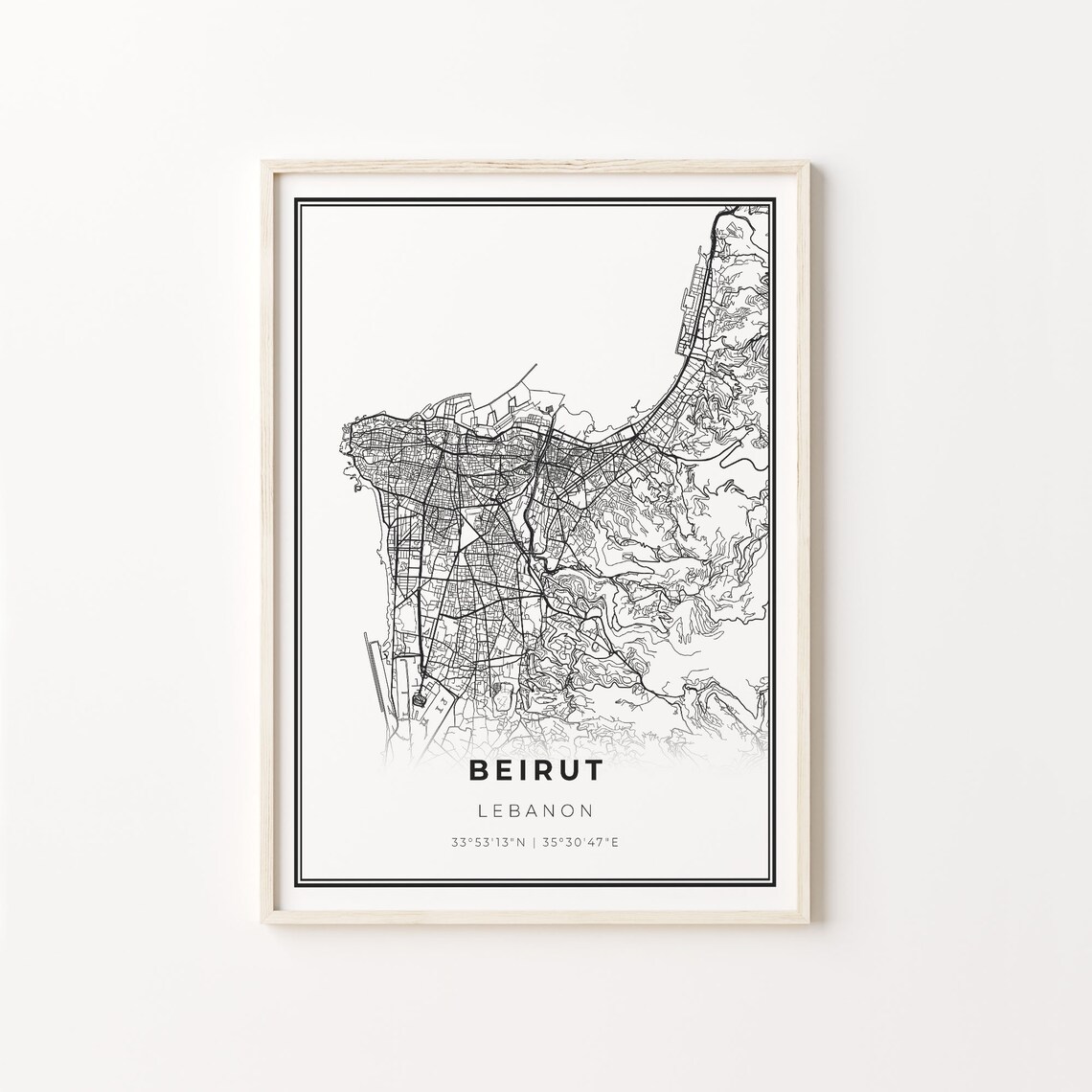 Beirut City Map Art Poster, Modern Black and White