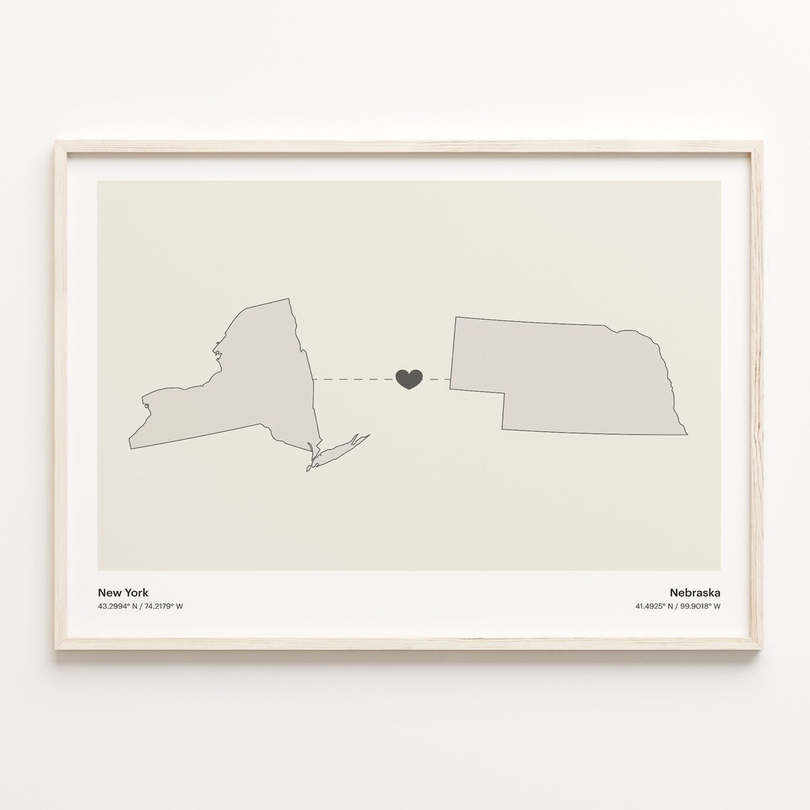 New York and Nebraska Couple Long Distance Love Heart Map Poster