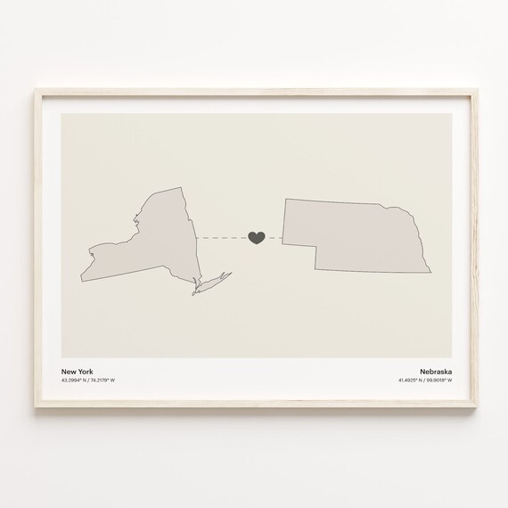 New York and Nebraska Couple Long Distance Love Heart Map Poster