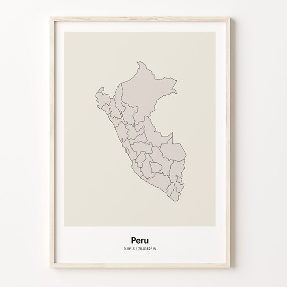 Peru Country Map Beige Line Outline Minimalist Coordinates Poster