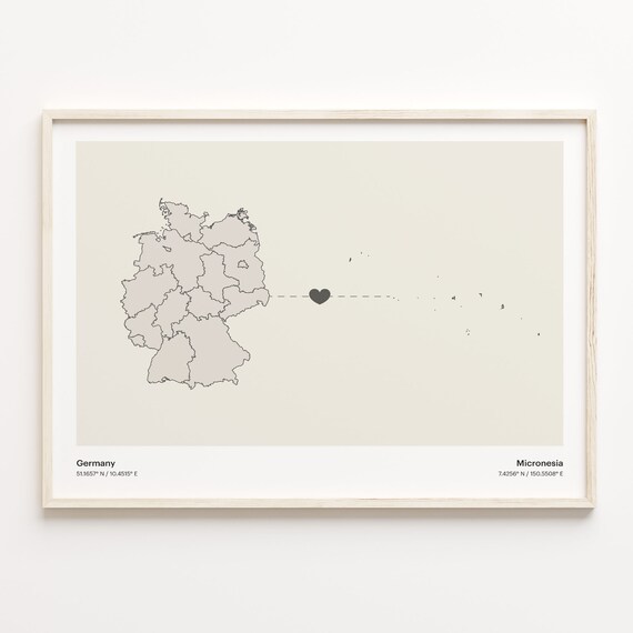 Germany Micronesia Heart Connection Map Minimalist Long Distance Gift Poster