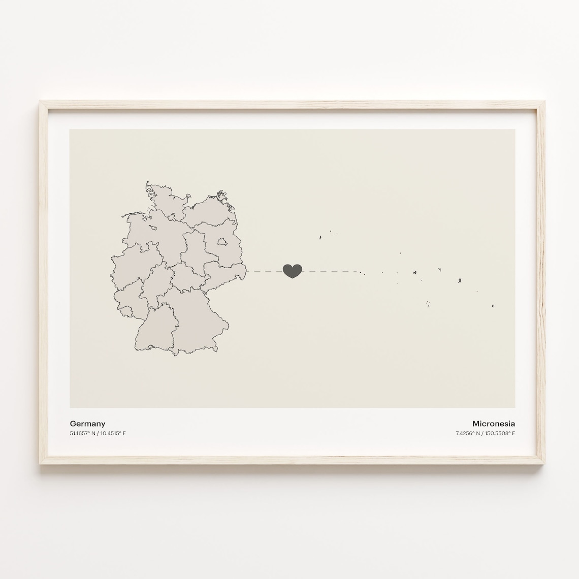 Germany Micronesia Heart Connection Map Minimalist Long Distance Gift Poster