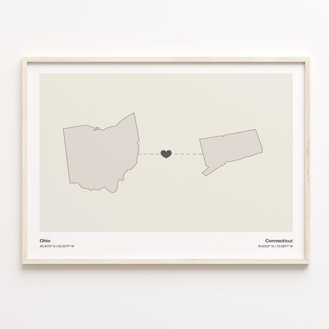 Ohio to Connecticut Minimalist Long Distance Connection Map Poster