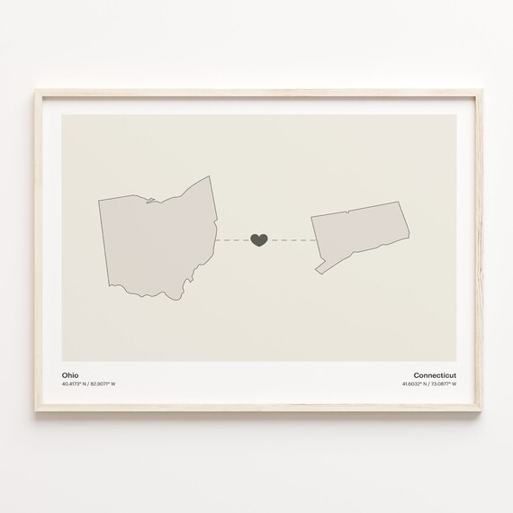 Ohio to Connecticut Minimalist Long Distance Connection Map Poster