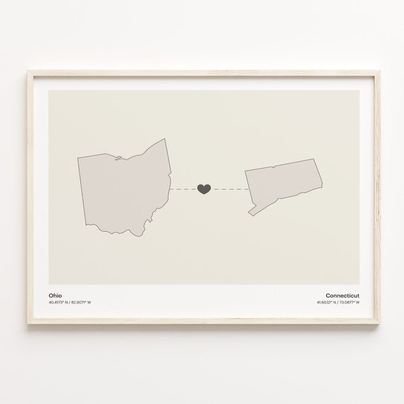 Ohio To Connecticut Print Connecticuter Gift Minimalistic State Connection Map Poster Travel Wall Art Countries Heart C211513