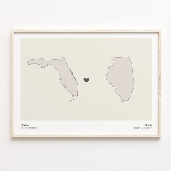Florida Illinois Minimalist Long Distance Love Heart Map Poster