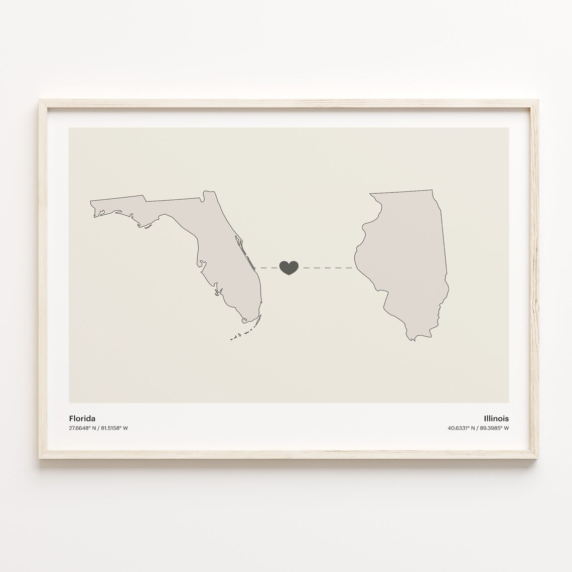 Florida Illinois Minimalist Long Distance Love Heart Map Poster
